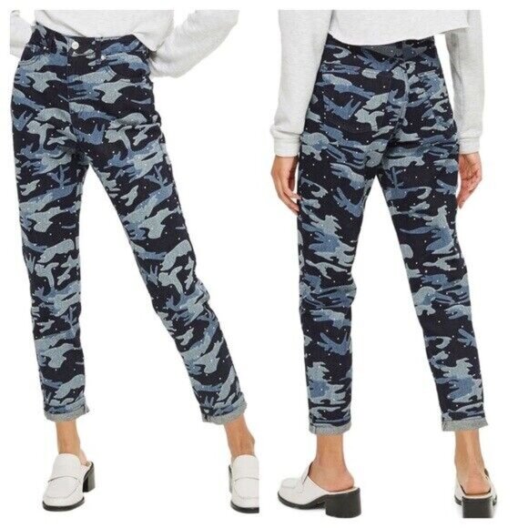Topshop NEW Moto Mom Jeans High Waisted Jewel Studs Camo Diamante Denim Women's - Picture 4 of 17